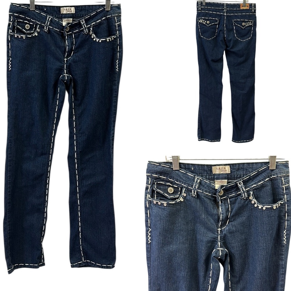 Saza White Stitched Rhinestone Embellished Straight Leg Blue Jeans Juniors 7